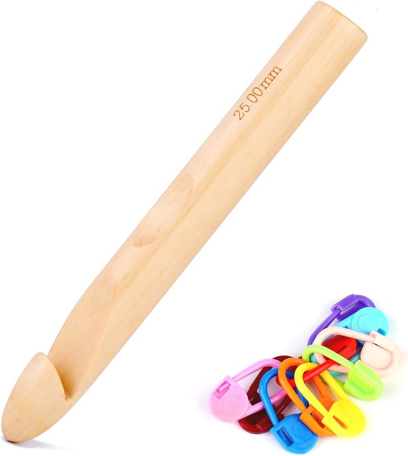 Dercuy Wooden Crochet Hooks, 25mm Wooden Handle Crochet Hook Bamboo Knitting Crochet Needles with 10 pcs Knitting Stitch Markers for Handcraft Crocheting - Image 1